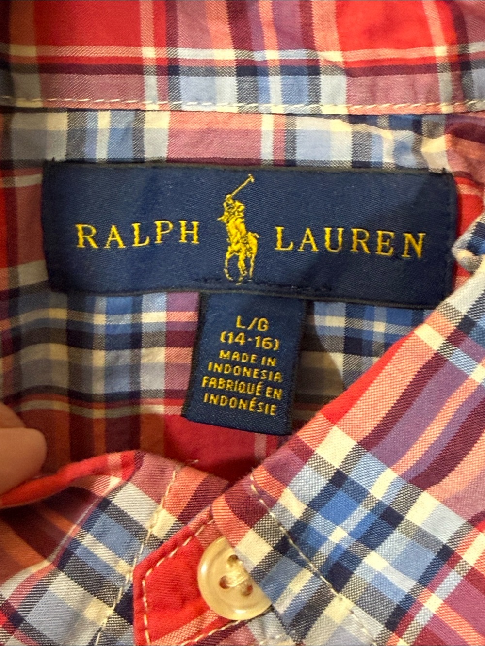 Ralph Lauren Boys L 14-16 Plaid Button Down Shirt Red Blue Cotton Pony Logo - Picture 4 of 10